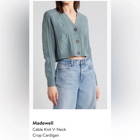 Madewell Cable Knit V-Neck Crop Cardigan in Faded River - Picture 1 of 7